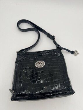 Brighton Cher Organizer Crossbody Bag Black Patent Croc Leather Purse EUC